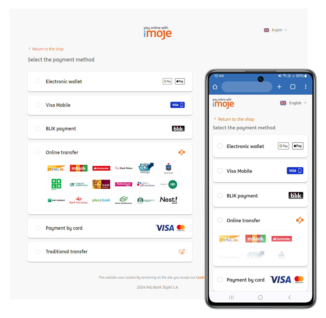 Screens showing imoje payment options on both a computer and a smartphone, including electronic wallet, Visa Mobile, BLIK, and online transfer